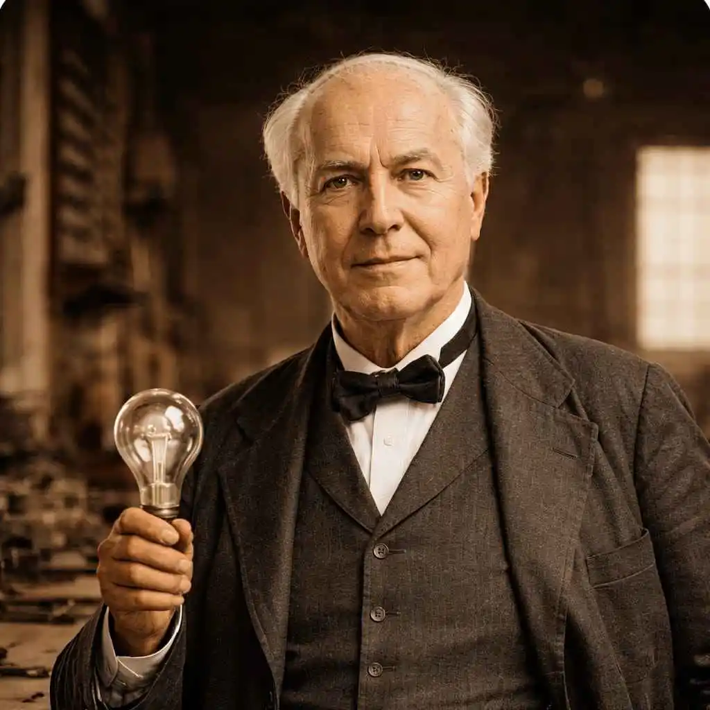 Thomas Alva Edison posando junto a algunos de sus inventos más importantes